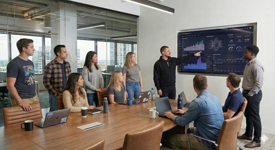 Senior leaders reviewing AI system dashboards in a boardroom